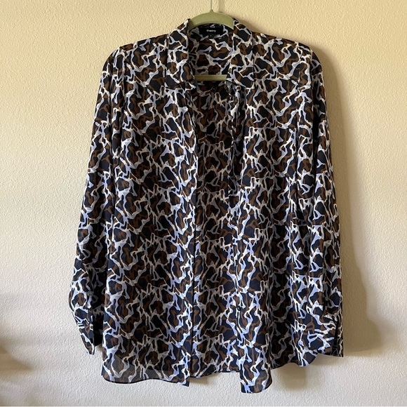 Theory Women's Navy Blue Brown Printed Silk-chiffon Shirt, size S - Picture 3 of 16